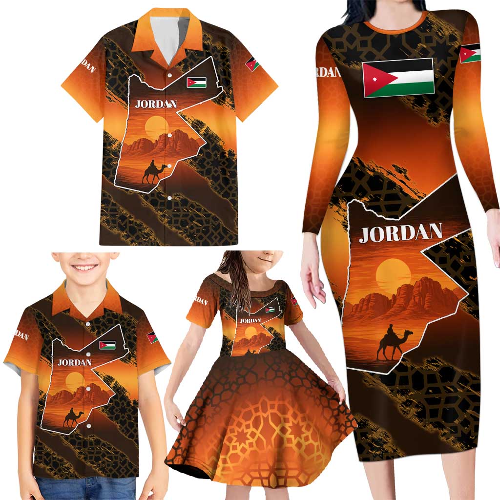 Jordan Desert Sunset Family Matching Long Sleeve Bodycon Dress and Hawaiian Shirt with Camel and Traditional Geometric Pattern