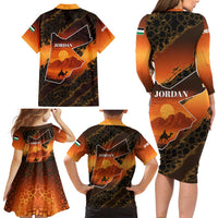 Jordan Desert Sunset Family Matching Long Sleeve Bodycon Dress and Hawaiian Shirt with Camel and Traditional Geometric Pattern