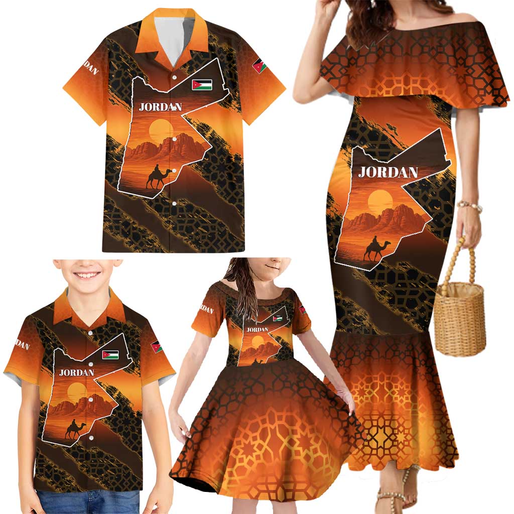 Jordan Desert Sunset Family Matching Mermaid Dress and Hawaiian Shirt with Camel and Traditional Geometric Pattern