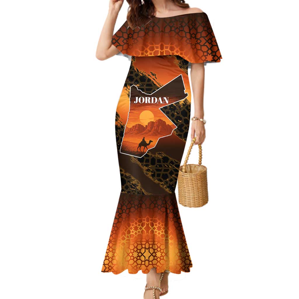 Jordan Desert Sunset Family Matching Mermaid Dress and Hawaiian Shirt with Camel and Traditional Geometric Pattern