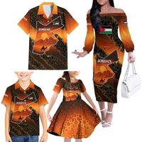 Jordan Desert Sunset Family Matching Off The Shoulder Long Sleeve Dress and Hawaiian Shirt with Camel and Traditional Geometric Pattern