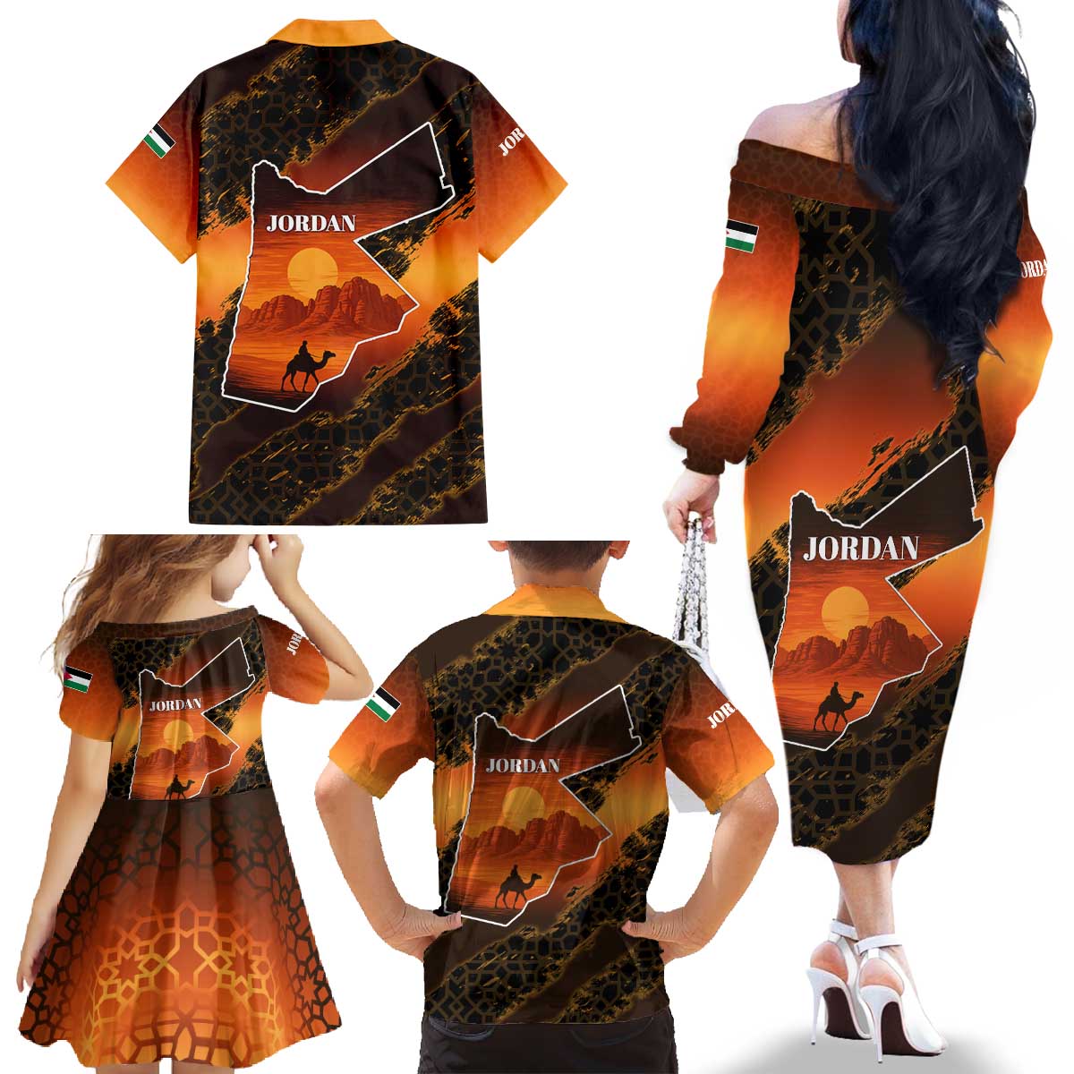 Jordan Desert Sunset Family Matching Off The Shoulder Long Sleeve Dress and Hawaiian Shirt with Camel and Traditional Geometric Pattern