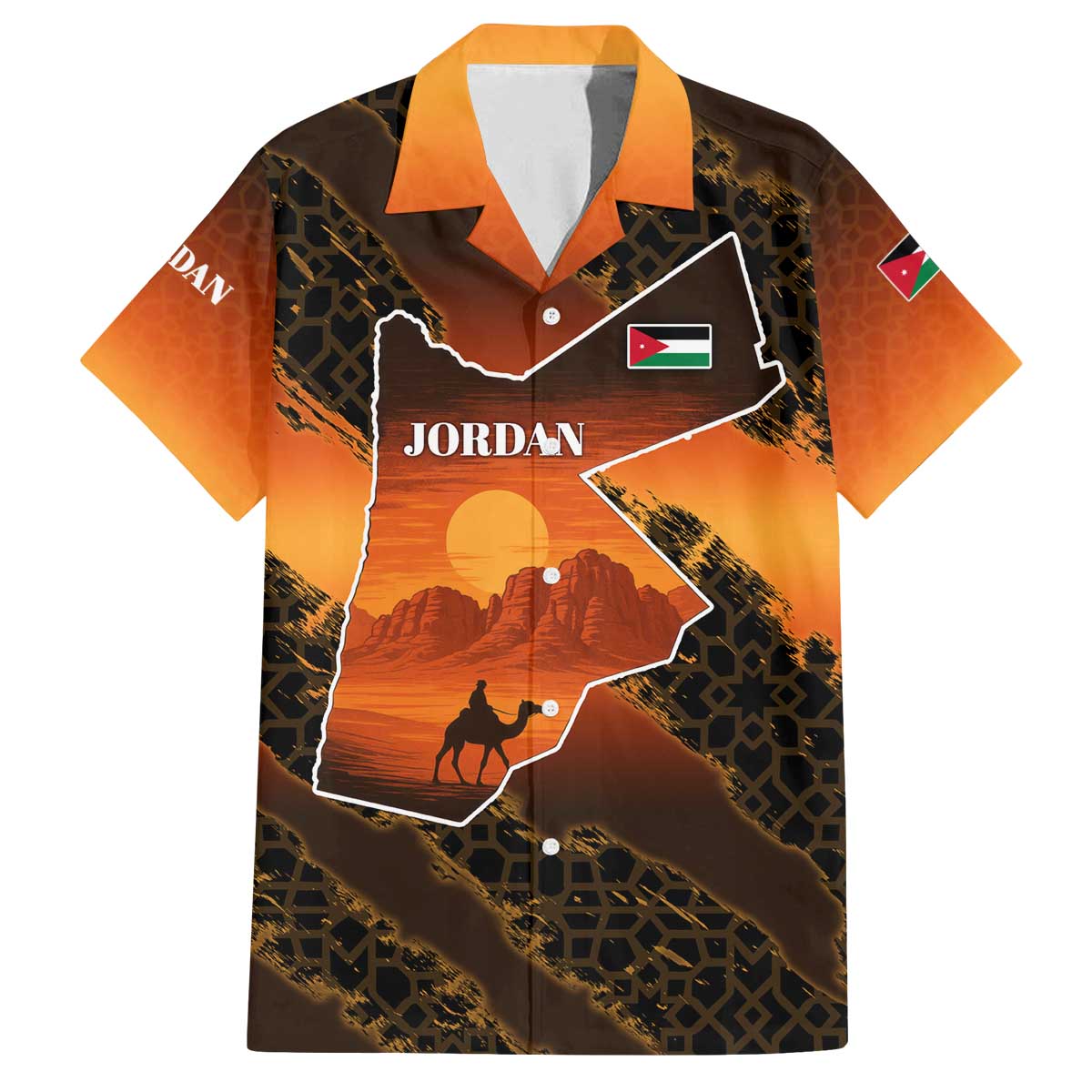 Jordan Desert Sunset Family Matching Off The Shoulder Long Sleeve Dress and Hawaiian Shirt with Camel and Traditional Geometric Pattern