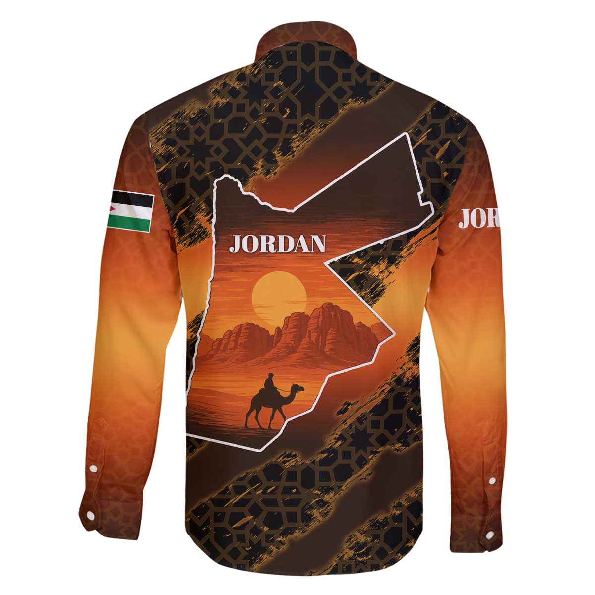 Jordan Desert Sunset Family Matching Off The Shoulder Long Sleeve Dress and Hawaiian Shirt with Camel and Traditional Geometric Pattern