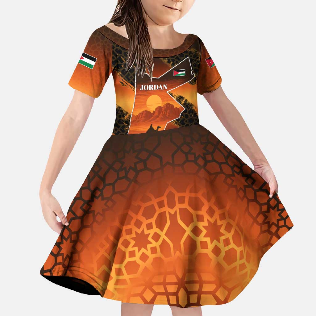 Jordan Desert Sunset Family Matching Off Shoulder Maxi Dress and Hawaiian Shirt with Camel and Traditional Geometric Pattern