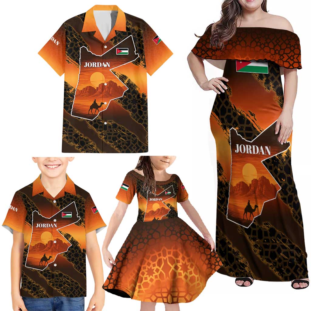 Jordan Desert Sunset Family Matching Off Shoulder Maxi Dress and Hawaiian Shirt with Camel and Traditional Geometric Pattern