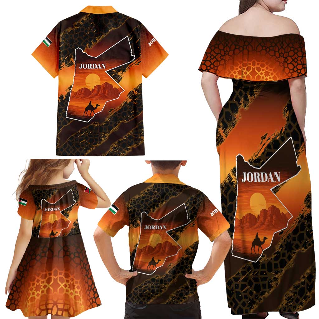 Jordan Desert Sunset Family Matching Off Shoulder Maxi Dress and Hawaiian Shirt with Camel and Traditional Geometric Pattern