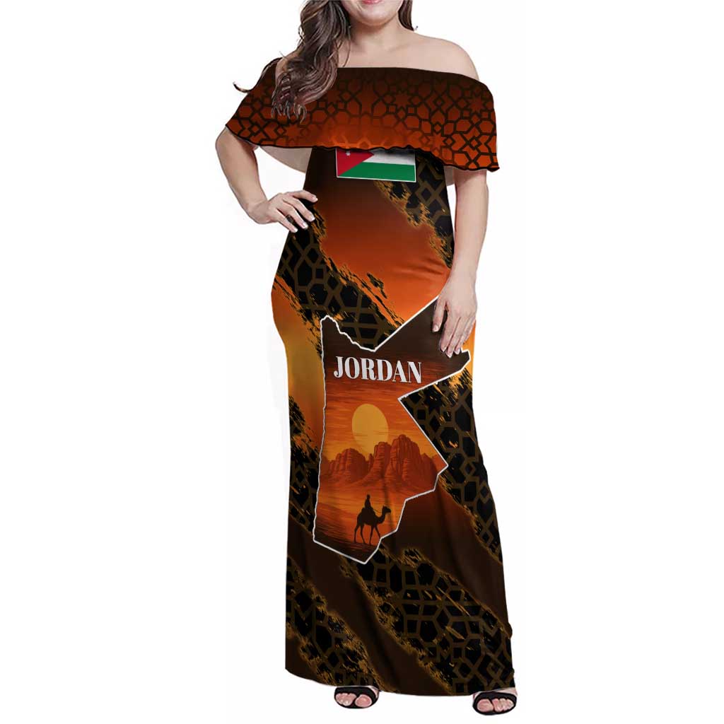 Jordan Desert Sunset Family Matching Off Shoulder Maxi Dress and Hawaiian Shirt with Camel and Traditional Geometric Pattern