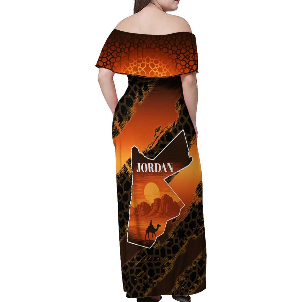 Jordan Desert Sunset Family Matching Off Shoulder Maxi Dress and Hawaiian Shirt with Camel and Traditional Geometric Pattern