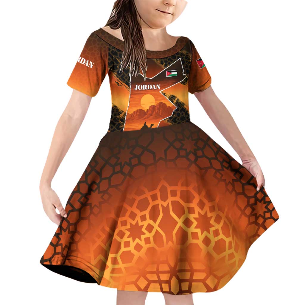 Jordan Desert Sunset Family Matching Off Shoulder Short Dress and Hawaiian Shirt with Camel and Traditional Geometric Pattern