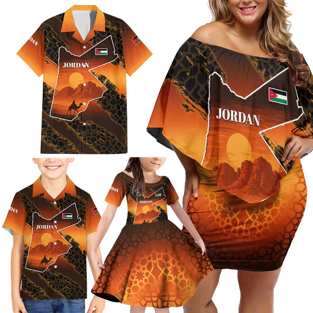 Jordan Desert Sunset Family Matching Off Shoulder Short Dress and Hawaiian Shirt with Camel and Traditional Geometric Pattern