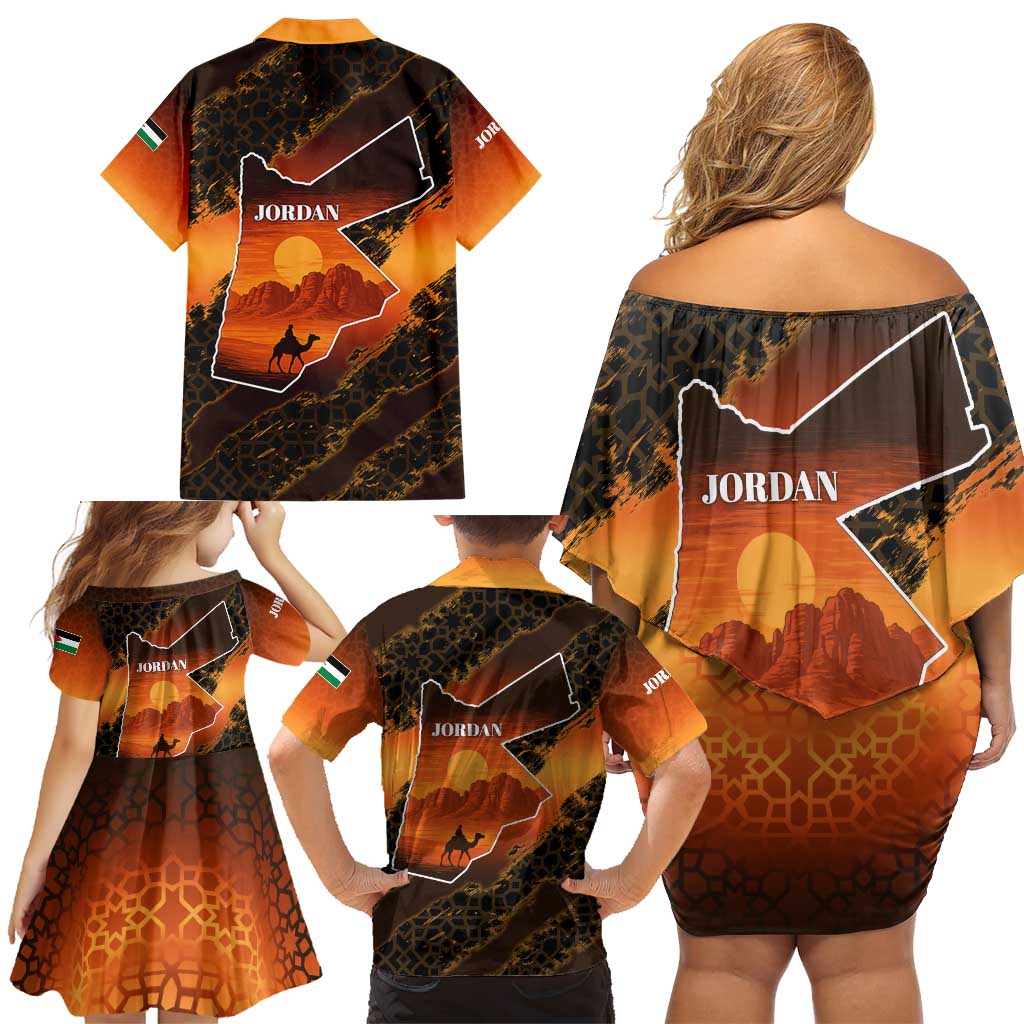 Jordan Desert Sunset Family Matching Off Shoulder Short Dress and Hawaiian Shirt with Camel and Traditional Geometric Pattern