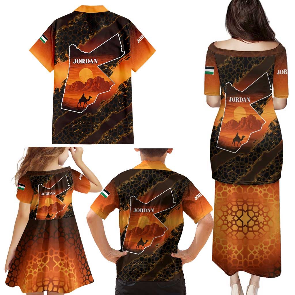 Jordan Desert Sunset Family Matching Puletasi and Hawaiian Shirt with Camel and Traditional Geometric Pattern