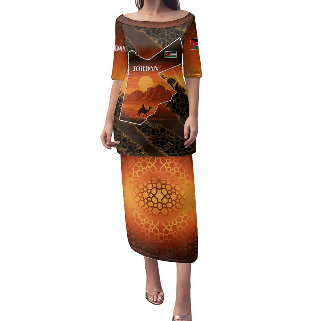 Jordan Desert Sunset Family Matching Puletasi and Hawaiian Shirt with Camel and Traditional Geometric Pattern