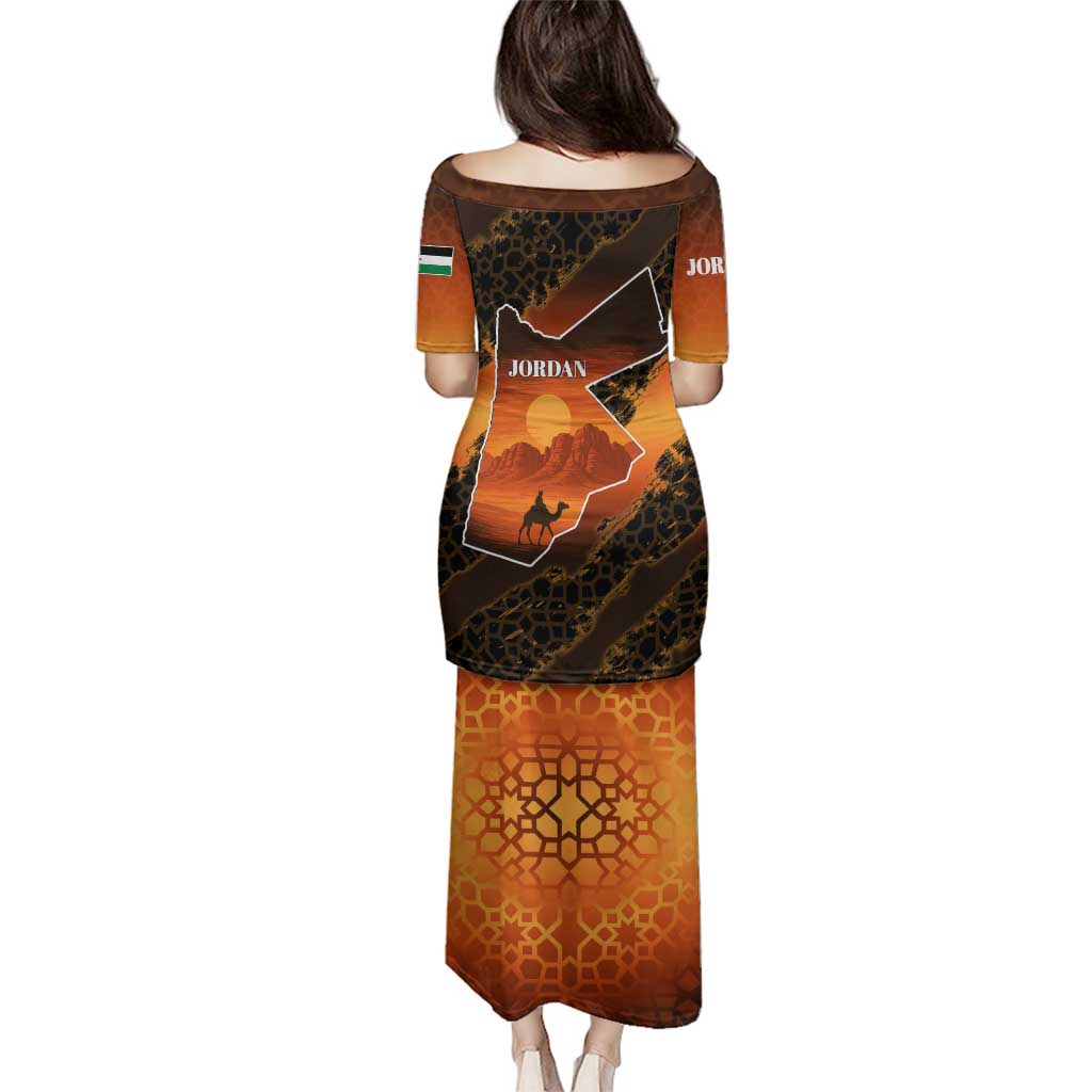 Jordan Desert Sunset Family Matching Puletasi and Hawaiian Shirt with Camel and Traditional Geometric Pattern