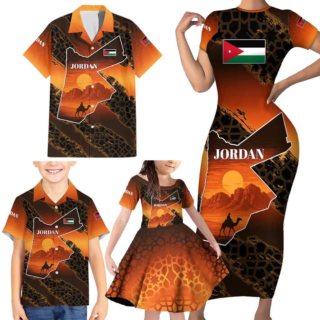 Jordan Desert Sunset Family Matching Short Sleeve Bodycon Dress and Hawaiian Shirt with Camel and Traditional Geometric Pattern
