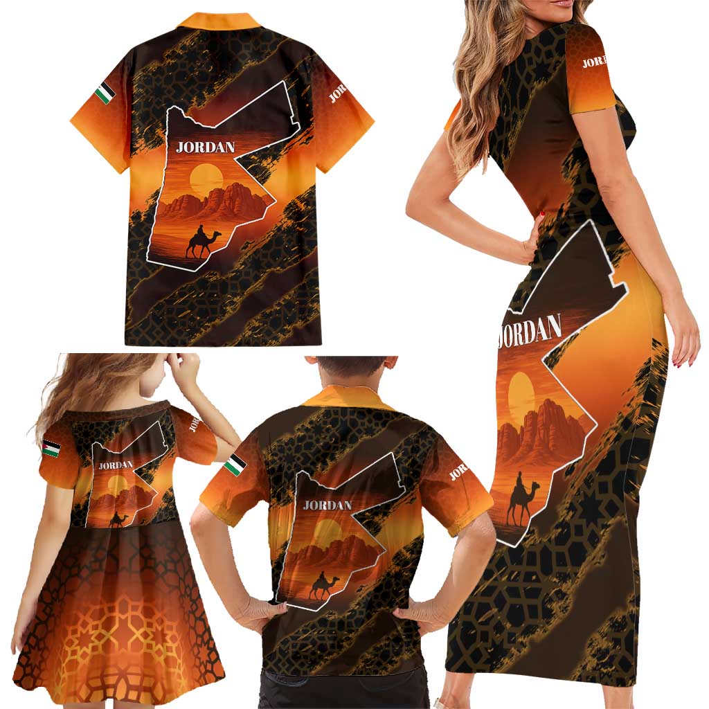Jordan Desert Sunset Family Matching Short Sleeve Bodycon Dress and Hawaiian Shirt with Camel and Traditional Geometric Pattern