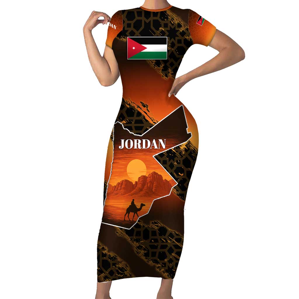 Jordan Desert Sunset Family Matching Short Sleeve Bodycon Dress and Hawaiian Shirt with Camel and Traditional Geometric Pattern