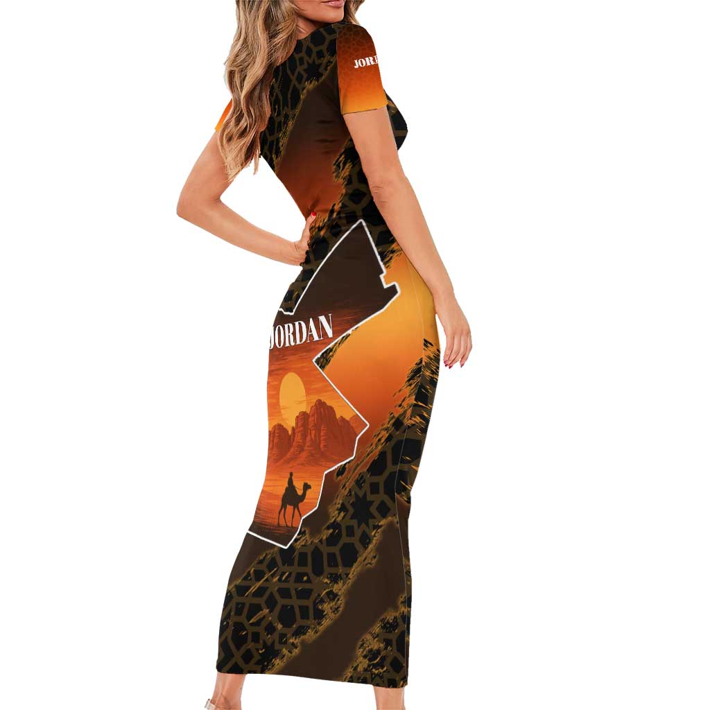 Jordan Desert Sunset Family Matching Short Sleeve Bodycon Dress and Hawaiian Shirt with Camel and Traditional Geometric Pattern