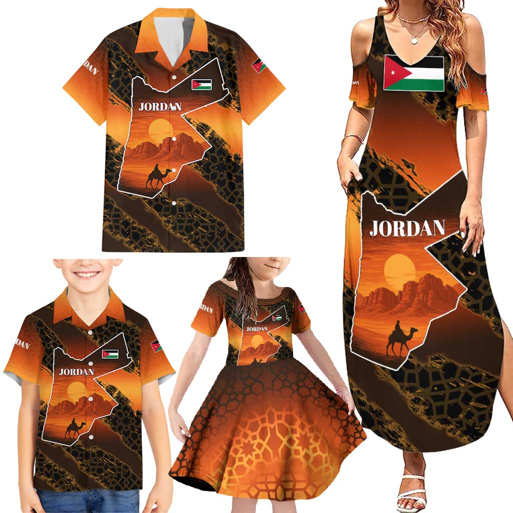 Jordan Desert Sunset Family Matching Summer Maxi Dress and Hawaiian Shirt with Camel and Traditional Geometric Pattern
