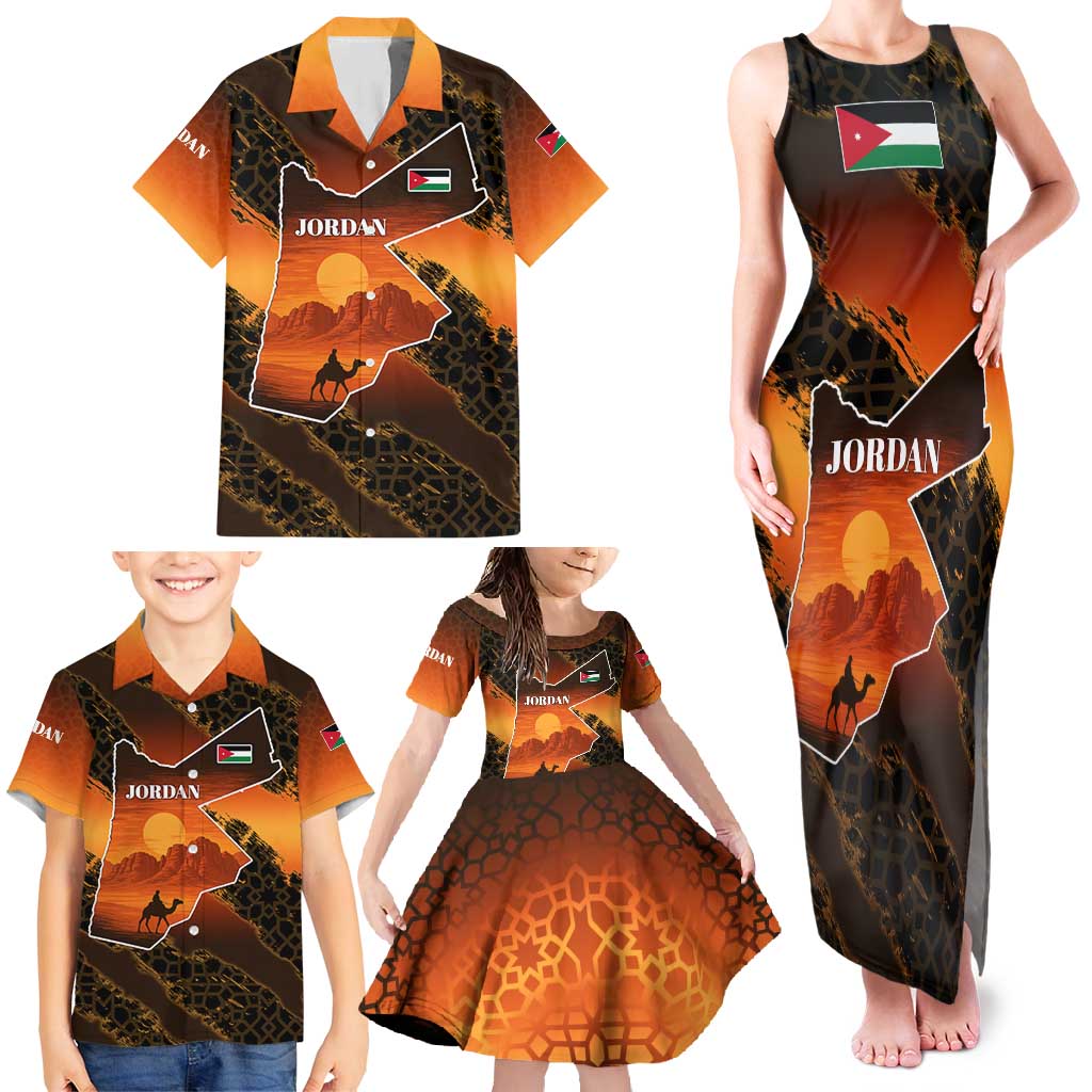 Jordan Desert Sunset Family Matching Tank Maxi Dress and Hawaiian Shirt with Camel and Traditional Geometric Pattern