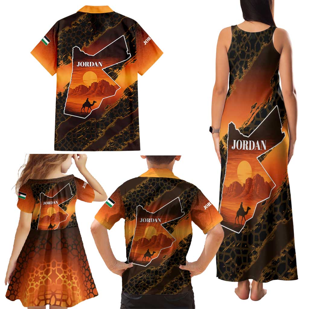 Jordan Desert Sunset Family Matching Tank Maxi Dress and Hawaiian Shirt with Camel and Traditional Geometric Pattern
