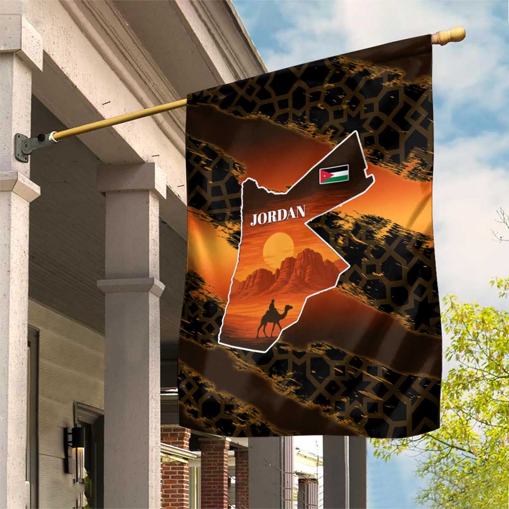 Jordan Desert Sunset Garden Flag with Camel and Traditional Geometric Pattern