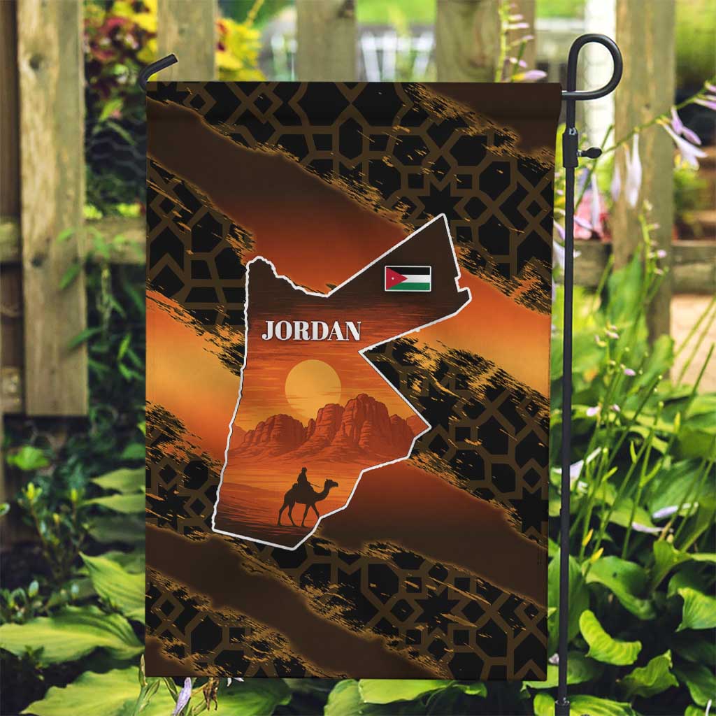 Jordan Desert Sunset Garden Flag with Camel and Traditional Geometric Pattern