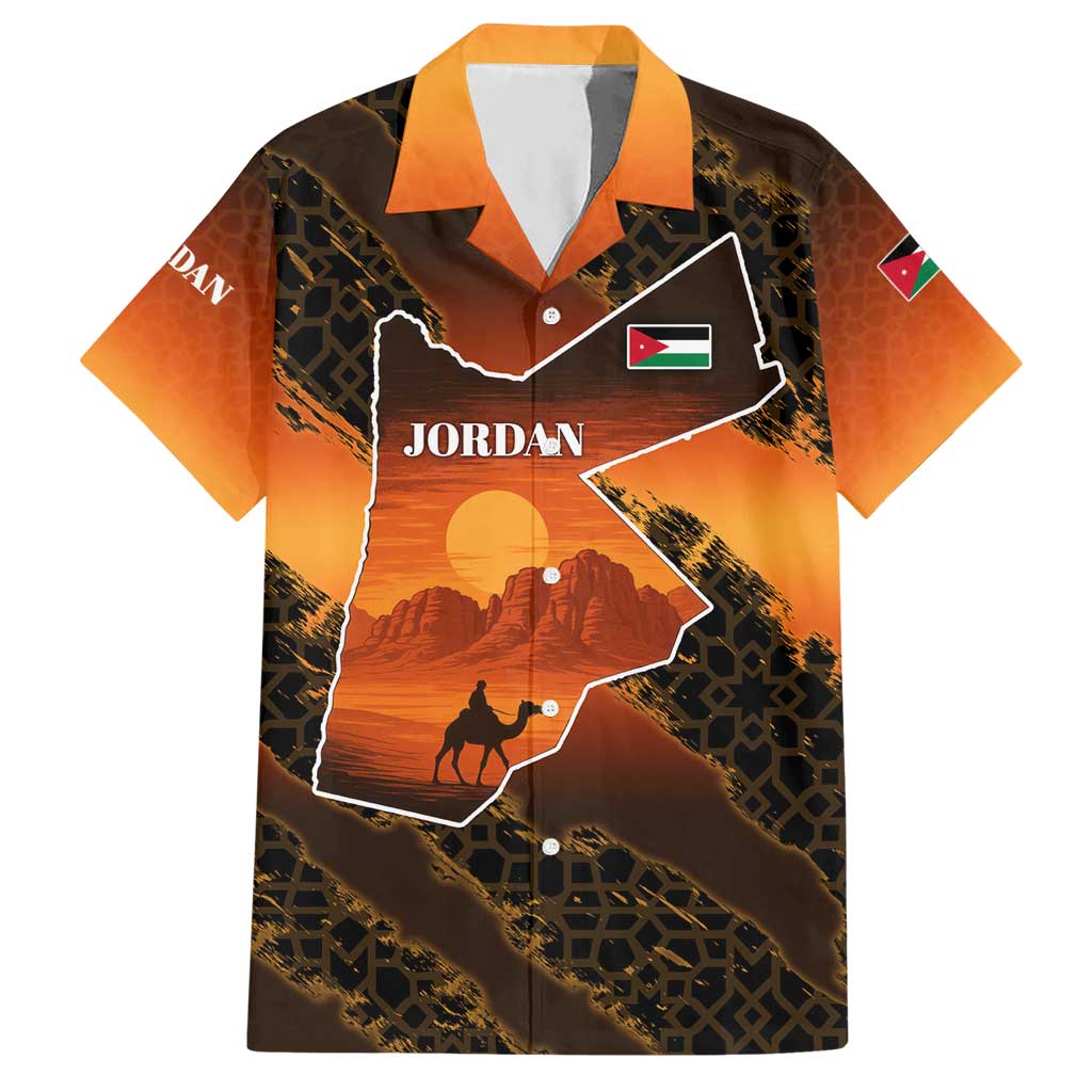 Jordan Desert Sunset Hawaiian Shirt with Camel and Traditional Geometric Pattern