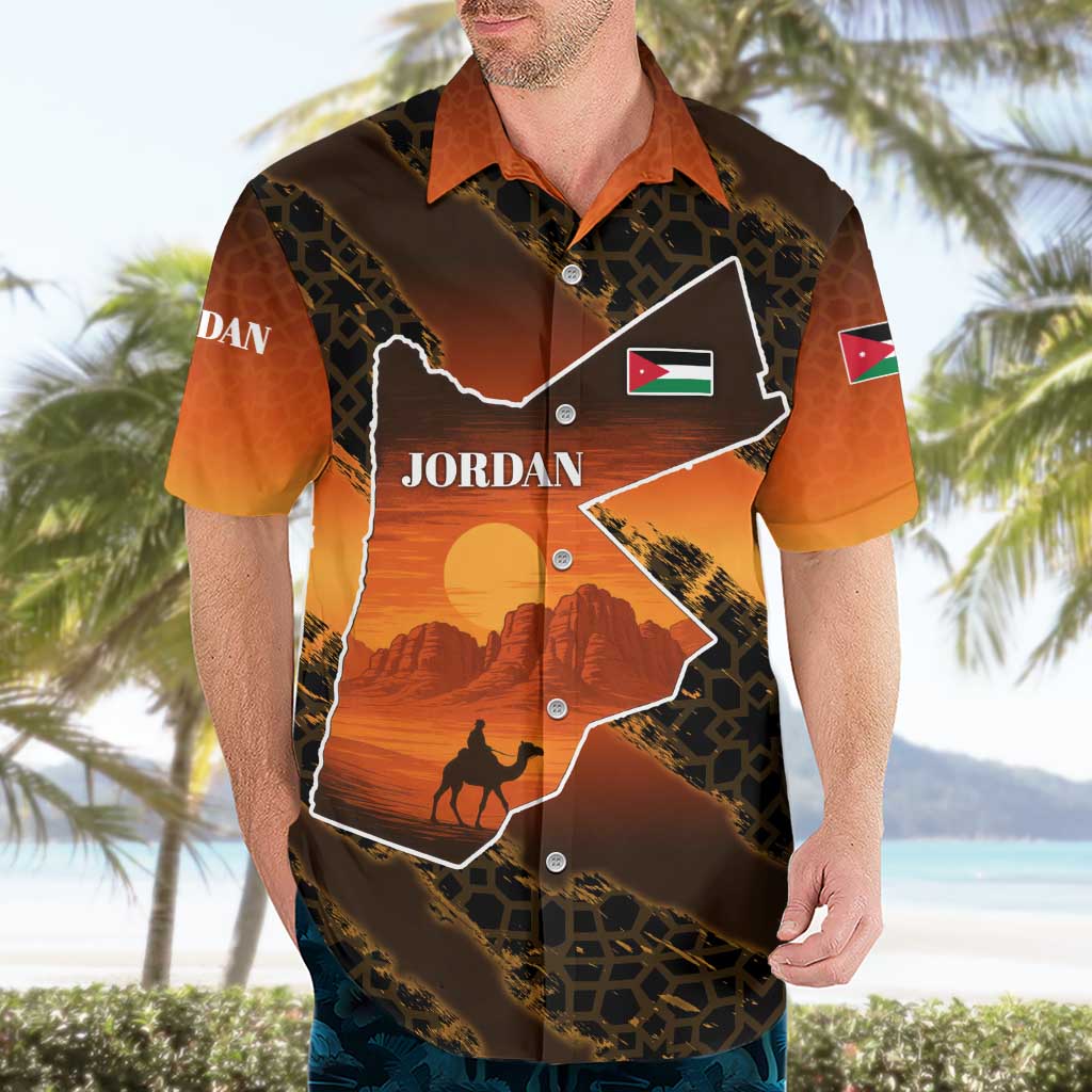 Jordan Desert Sunset Hawaiian Shirt with Camel and Traditional Geometric Pattern