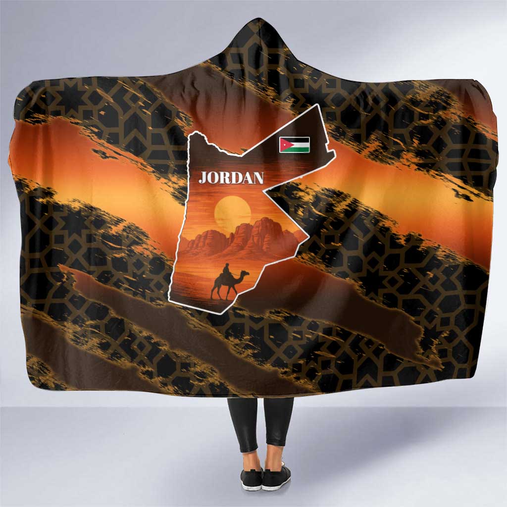 Jordan Desert Sunset Hooded Blanket with Camel and Traditional Geometric Pattern