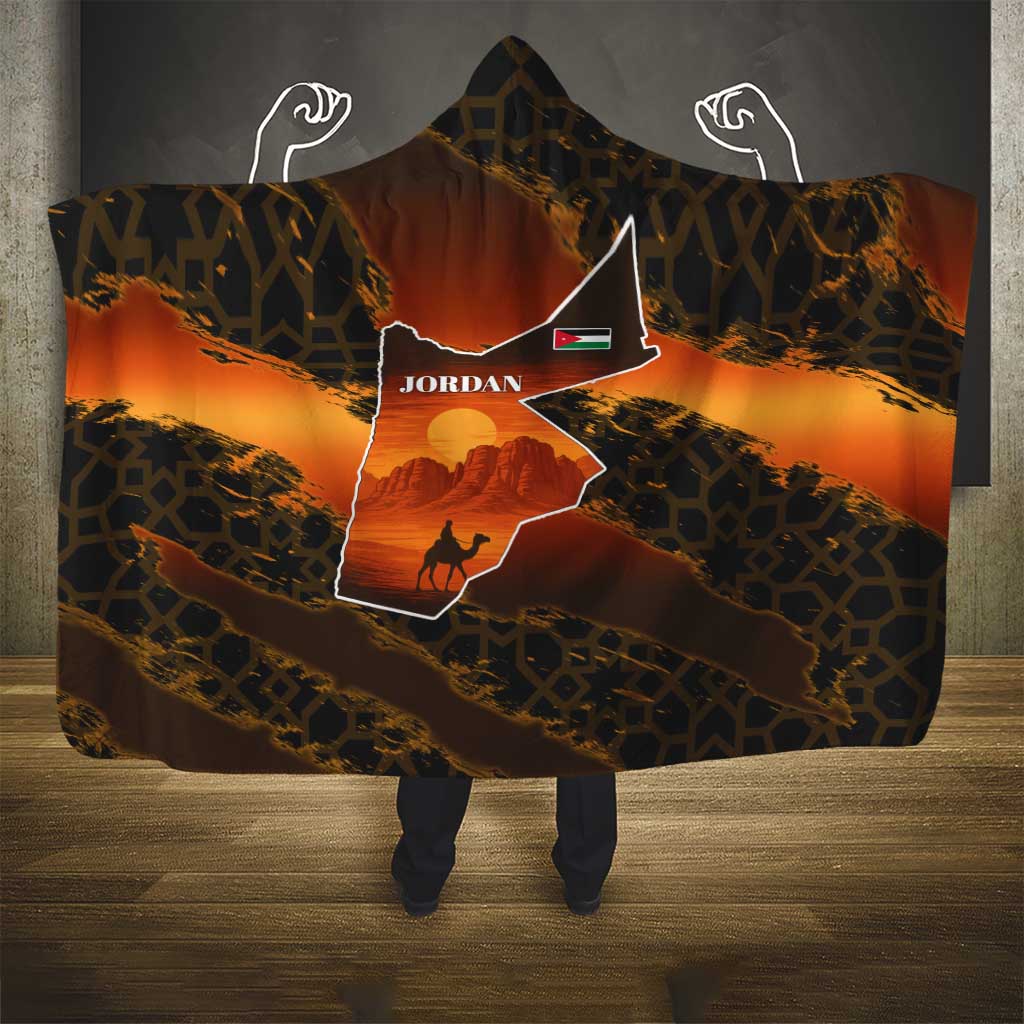 Jordan Desert Sunset Hooded Blanket with Camel and Traditional Geometric Pattern