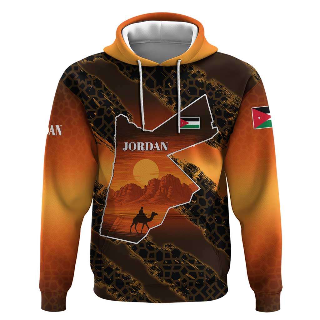 Jordan Desert Sunset Hoodie with Camel and Traditional Geometric Pattern