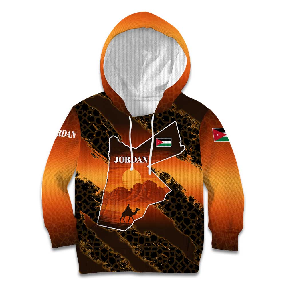 Jordan Desert Sunset Kid Hoodie with Camel and Traditional Geometric Pattern