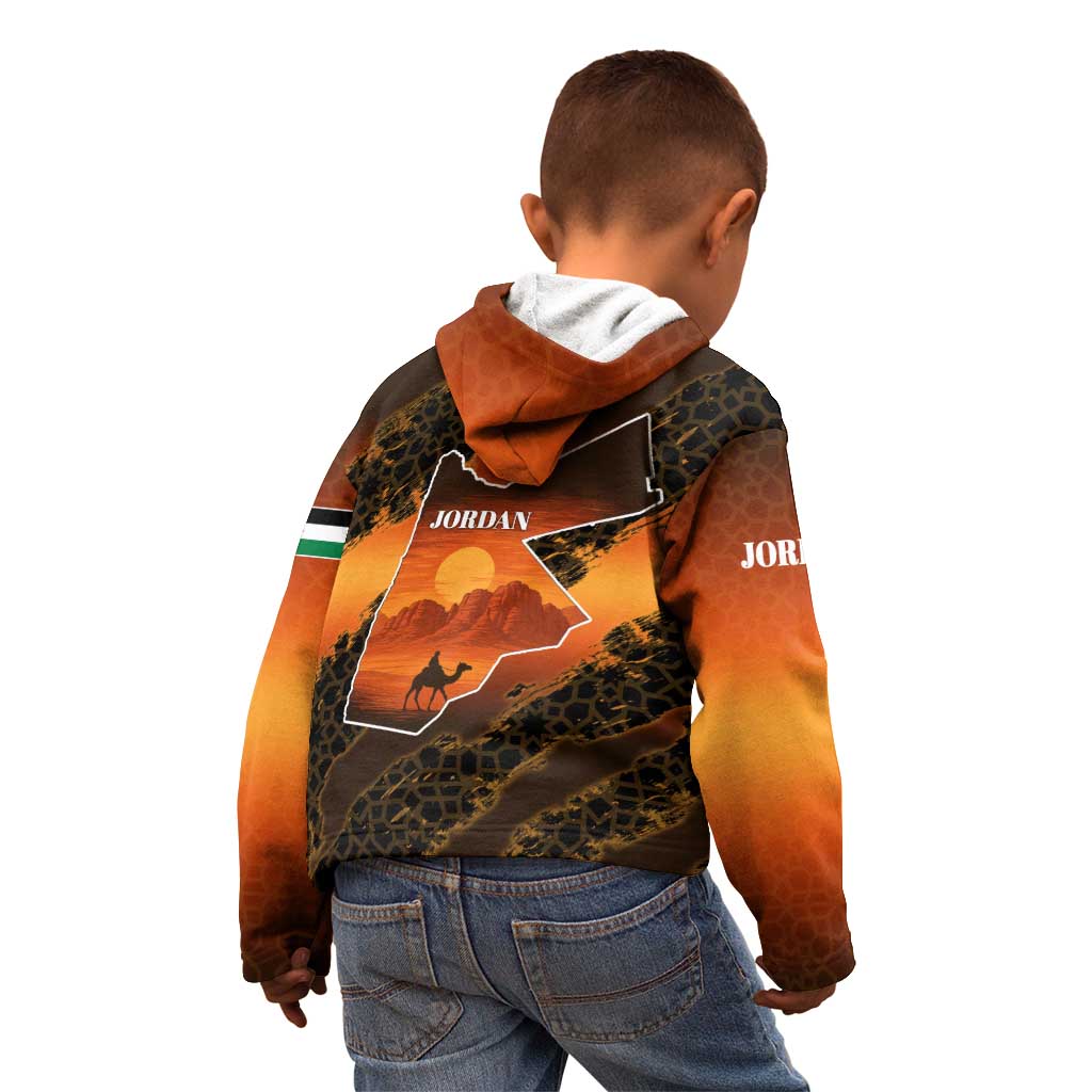 Jordan Desert Sunset Kid Hoodie with Camel and Traditional Geometric Pattern