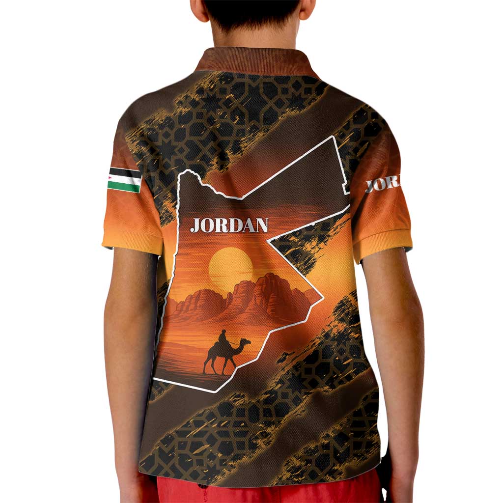Jordan Desert Sunset Kid Polo Shirt with Camel and Traditional Geometric Pattern