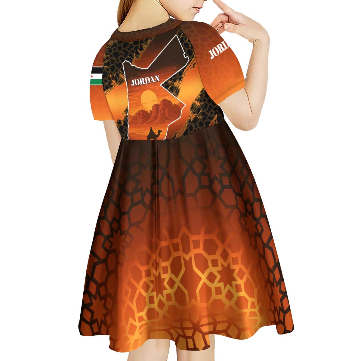 Jordan Desert Sunset Kid Short Sleeve Dress with Camel and Traditional Geometric Pattern