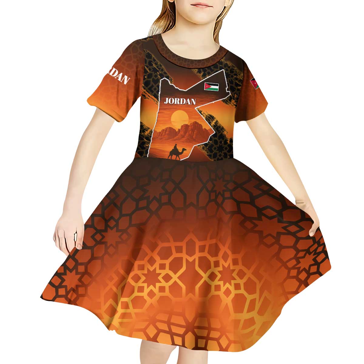 Jordan Desert Sunset Kid Short Sleeve Dress with Camel and Traditional Geometric Pattern
