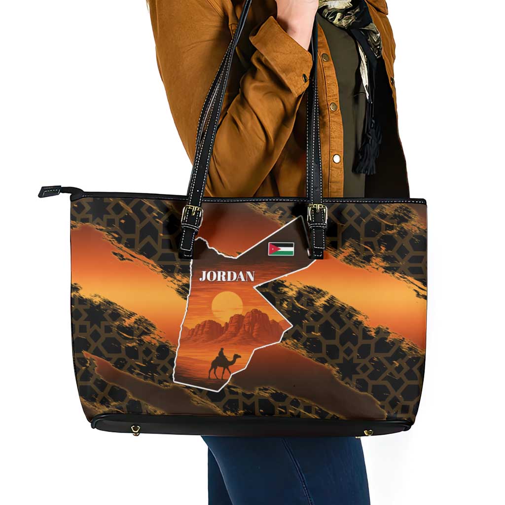 Jordan Desert Sunset Leather Tote Bag with Camel and Traditional Geometric Pattern