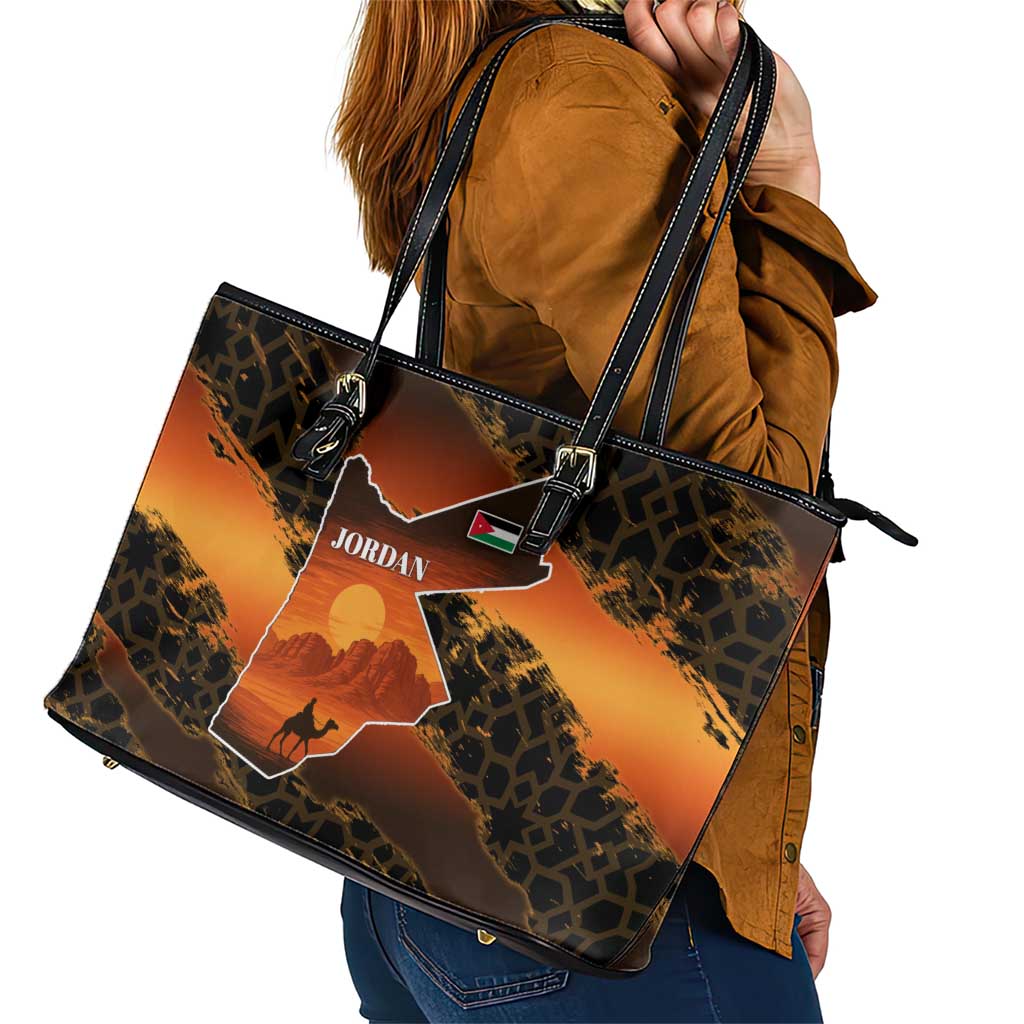 Jordan Desert Sunset Leather Tote Bag with Camel and Traditional Geometric Pattern