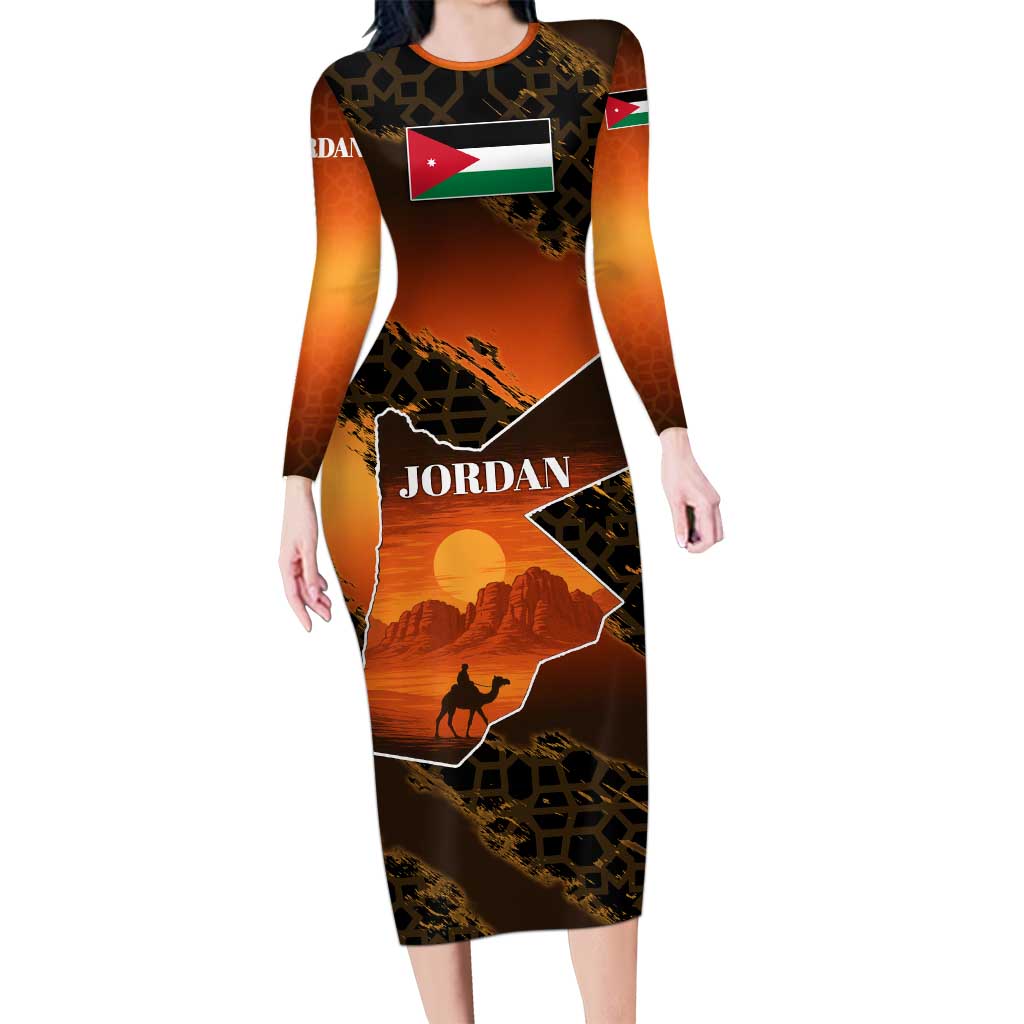 Jordan Desert Sunset Long Sleeve Bodycon Dress with Camel and Traditional Geometric Pattern
