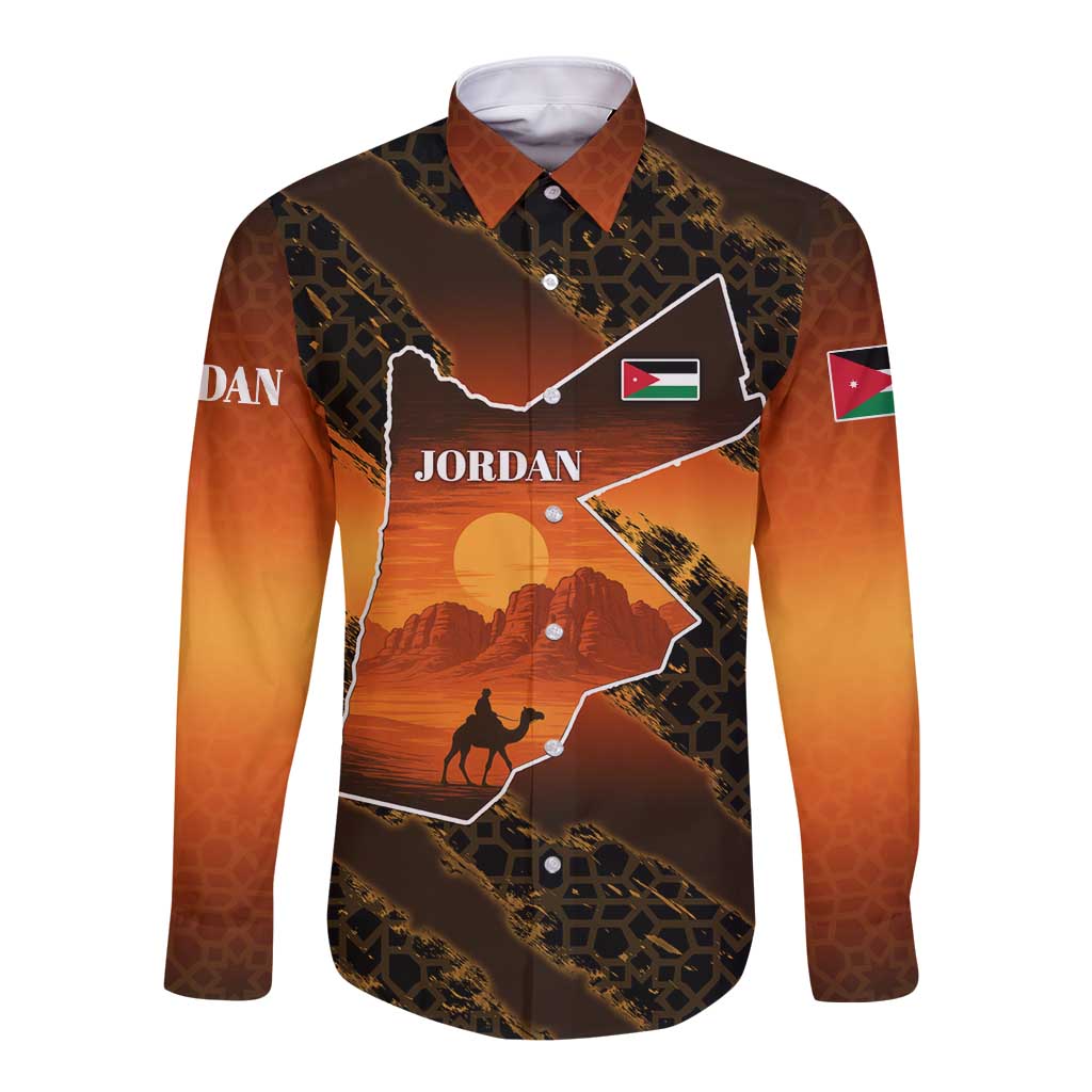 Jordan Desert Sunset Long Sleeve Button Shirt with Camel and Traditional Geometric Pattern