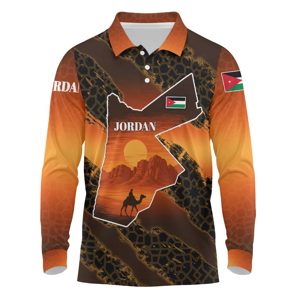 Jordan Desert Sunset Long Sleeve Polo Shirt with Camel and Traditional Geometric Pattern