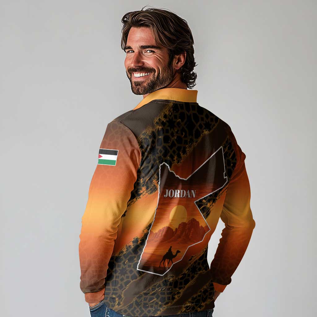 Jordan Desert Sunset Long Sleeve Polo Shirt with Camel and Traditional Geometric Pattern