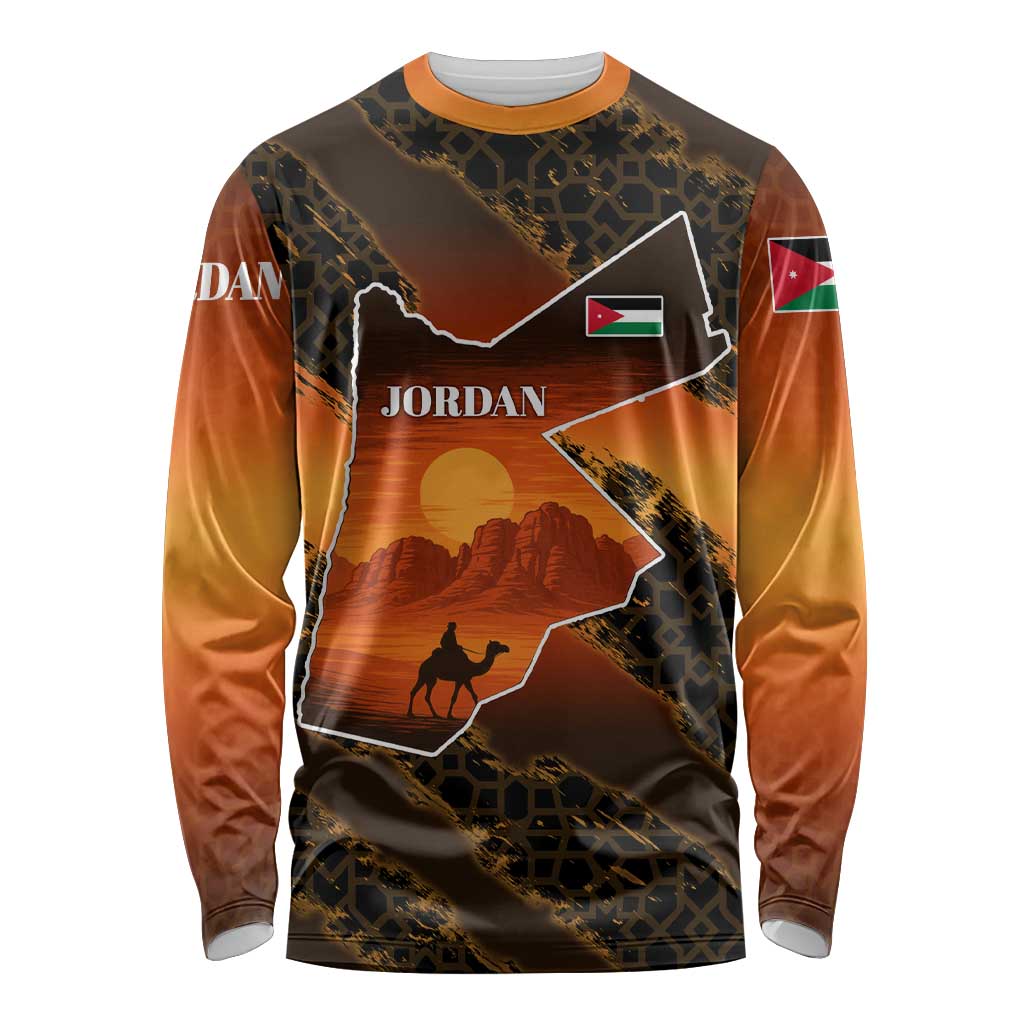 Jordan Desert Sunset Long Sleeve Shirt with Camel and Traditional Geometric Pattern