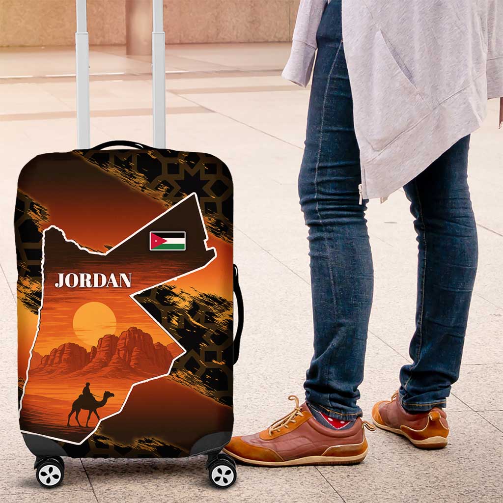 Jordan Desert Sunset Luggage Cover with Camel and Traditional Geometric Pattern