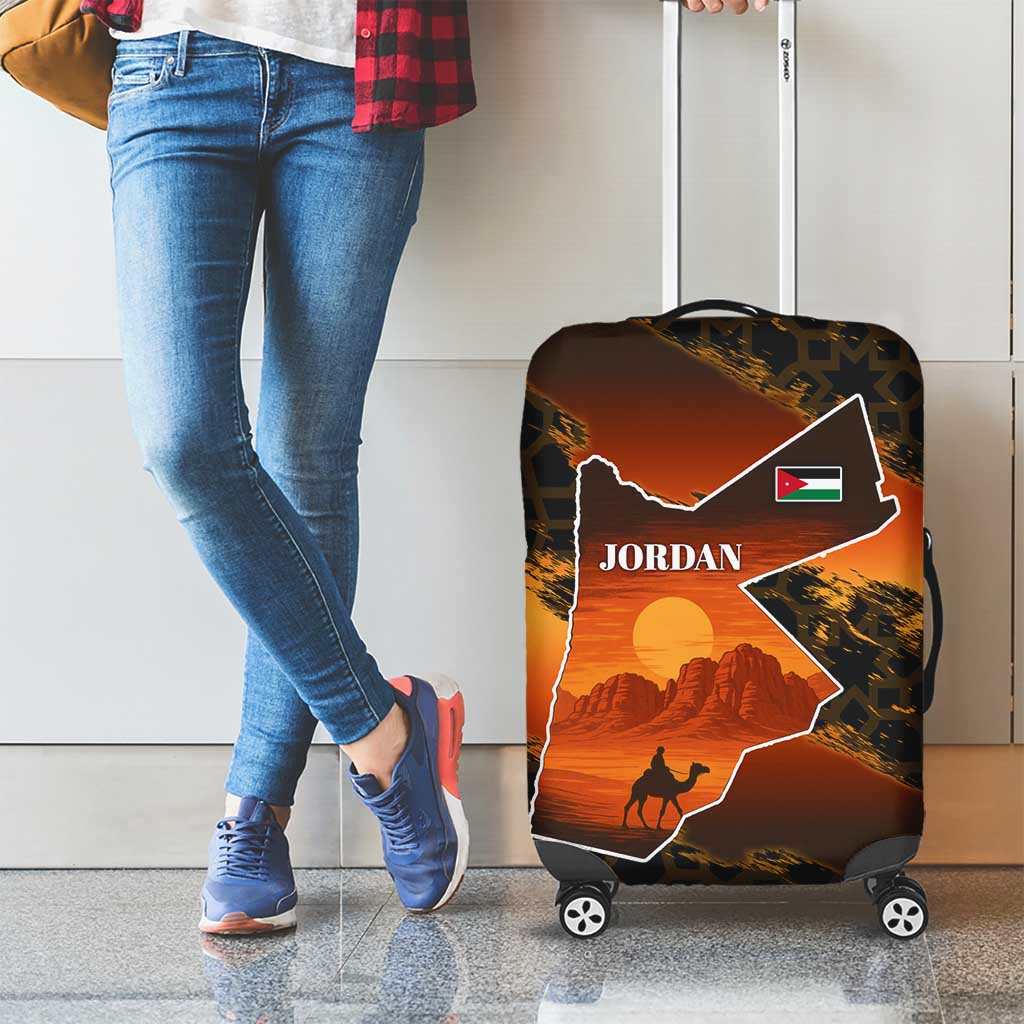 Jordan Desert Sunset Luggage Cover with Camel and Traditional Geometric Pattern