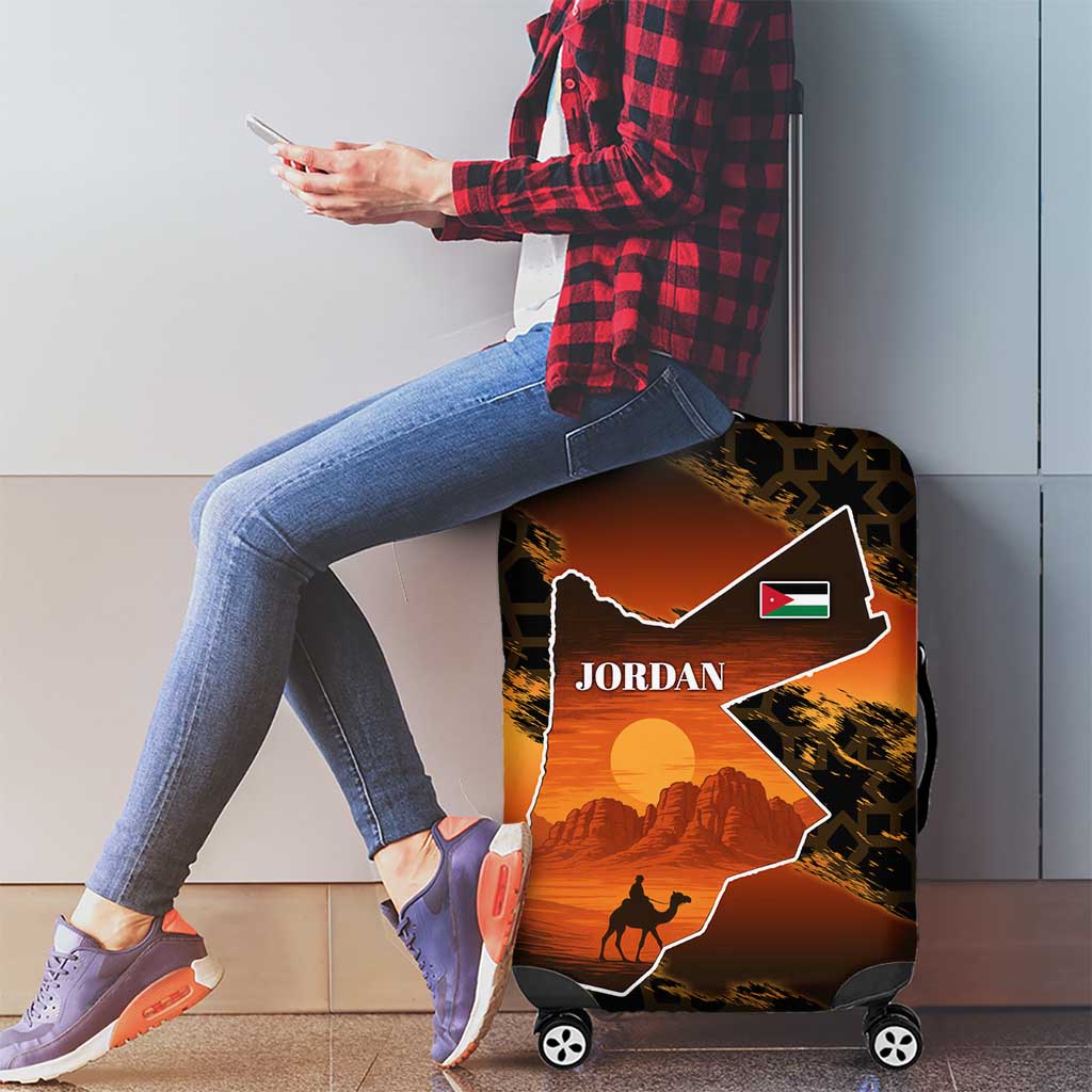 Jordan Desert Sunset Luggage Cover with Camel and Traditional Geometric Pattern