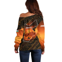 Jordan Desert Sunset Off Shoulder Sweater with Camel and Traditional Geometric Pattern