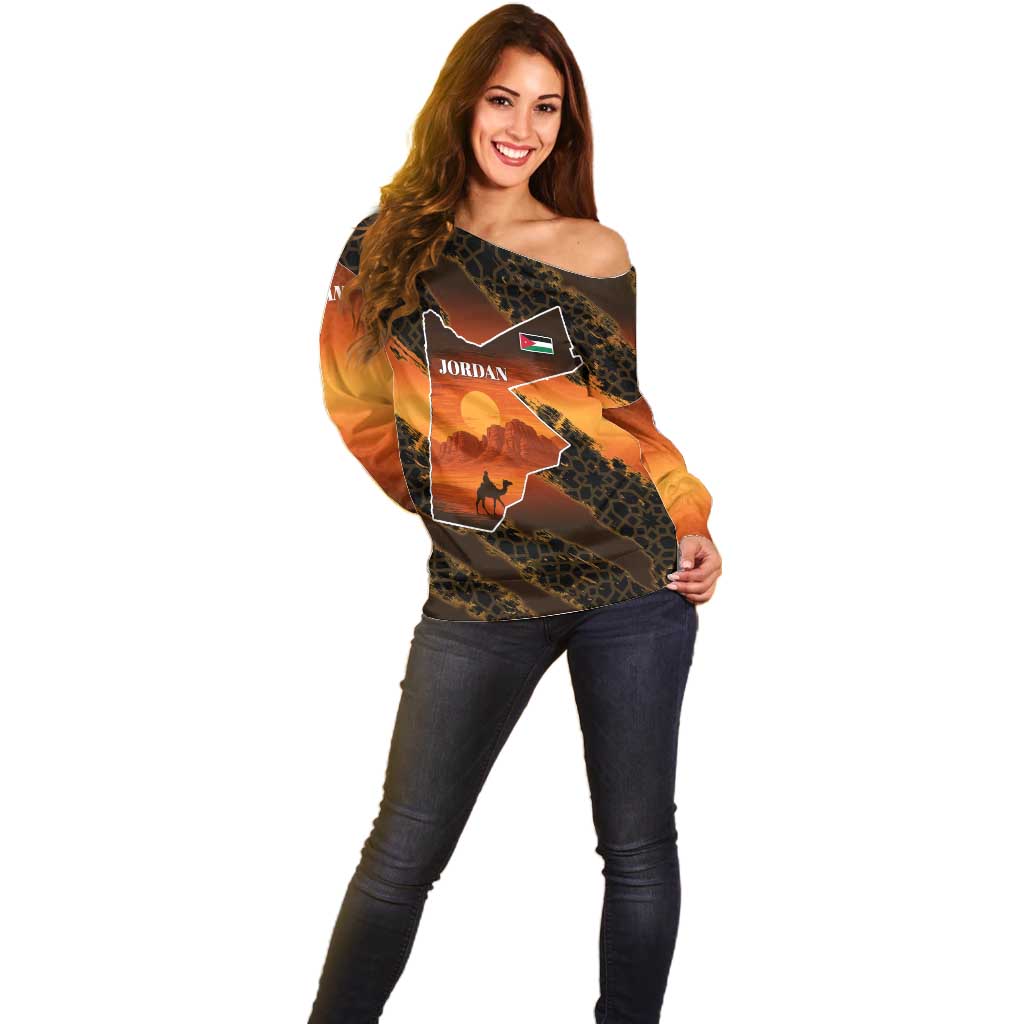 Jordan Desert Sunset Off Shoulder Sweater with Camel and Traditional Geometric Pattern